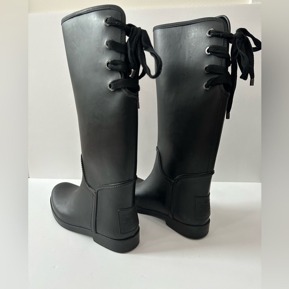 Coach Tristee Tall Rain Boots Women's Size Matte Black Rubber Lace Up Slip On